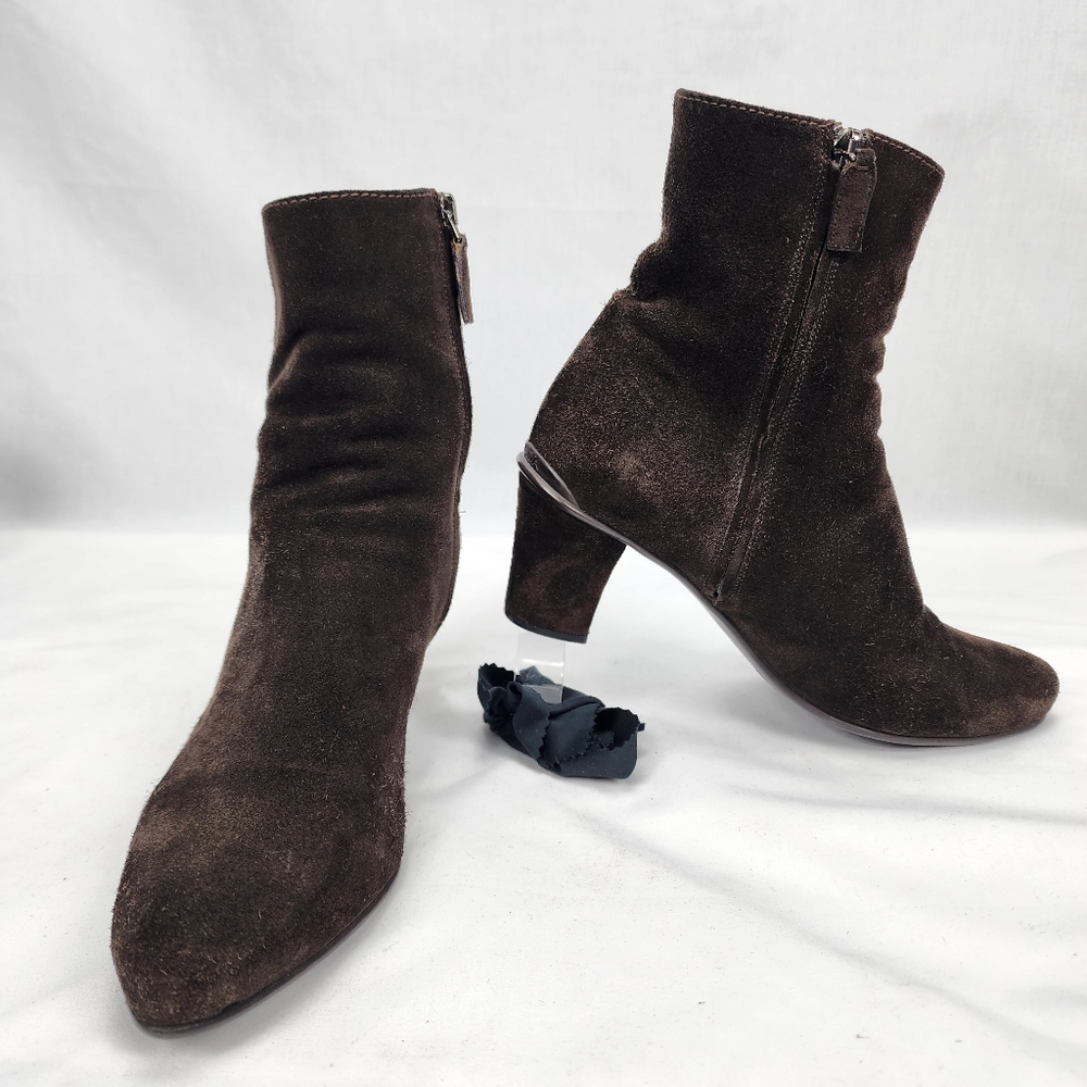 Prada Milano Women's Dark Chocolate Suede Side Zip Ankle Boots  37.5 US 7.5
